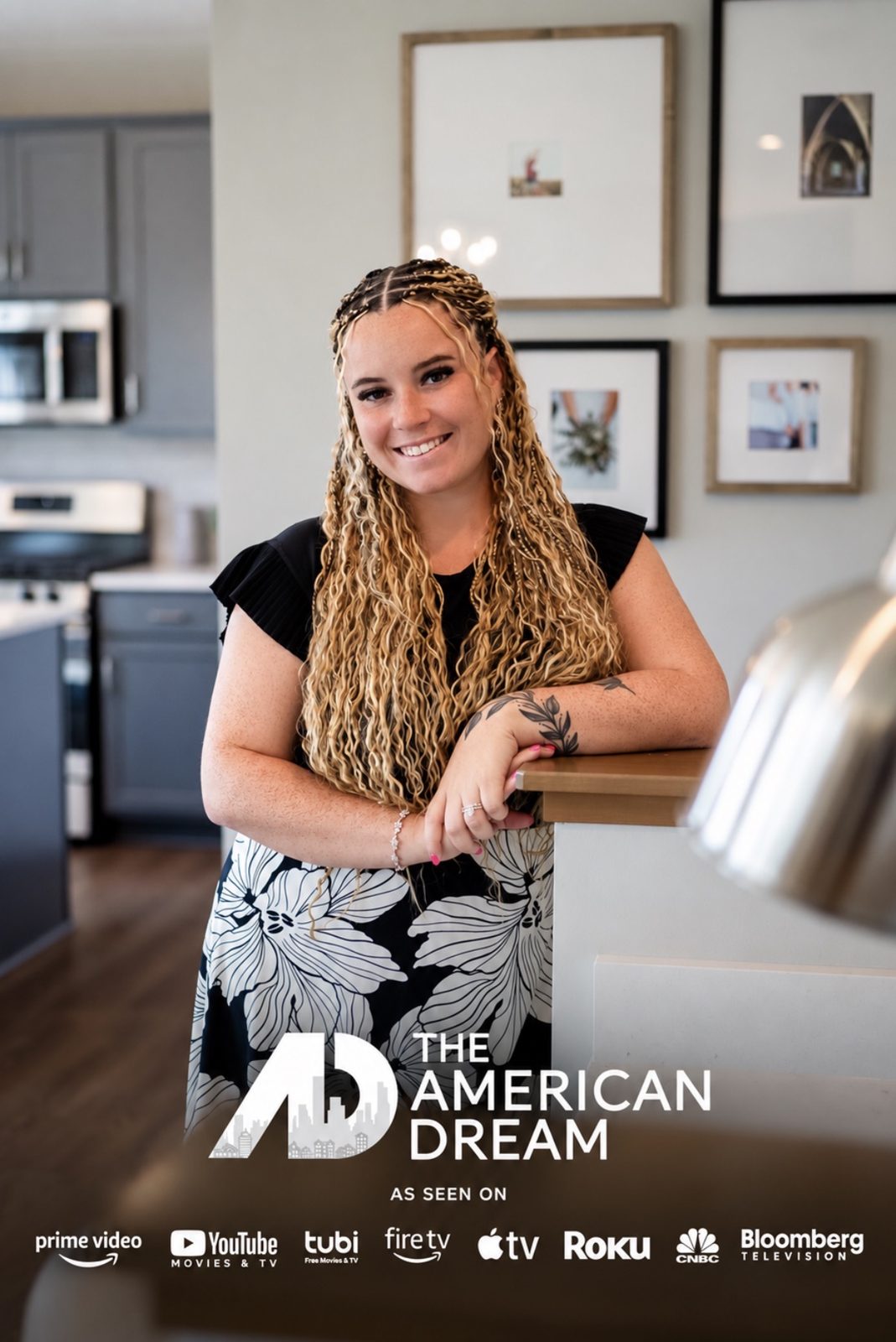 Samantha Petty smiling in a bright kitchen, with The American Dream logo and the streaming platforms the show appears on